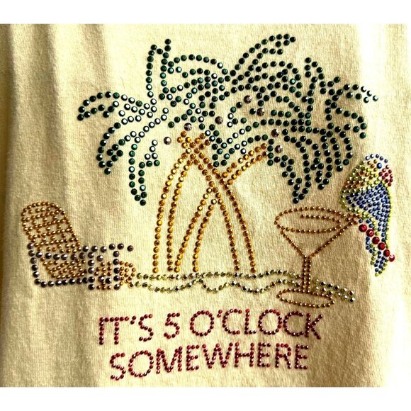 Vintage 5 O Clock Somewhere T Shirt Large Yellow Rhinestones Cocktail Parrot EUC - Picture 1 of 6
